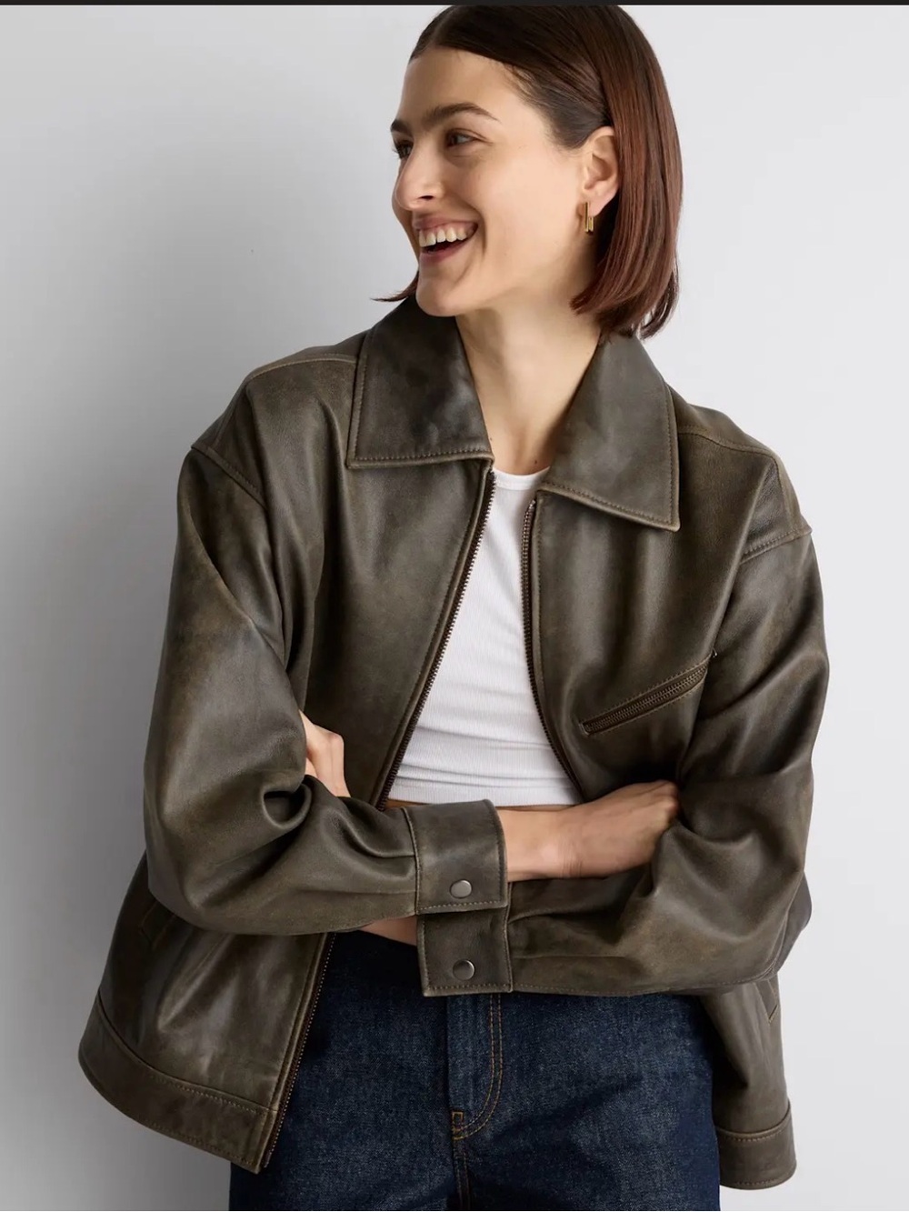 Quince 100% Leather Oversized Bomber Jacket Distressed Brown | New with tag